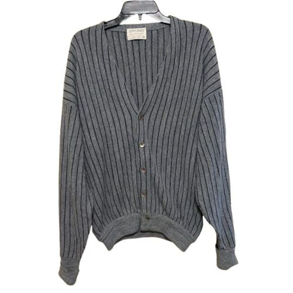 VTG Jeff Links Lord Jeff Cardigan Sweater Mens XL Gray Striped 100% Dupont Orlon - Picture 1 of 5